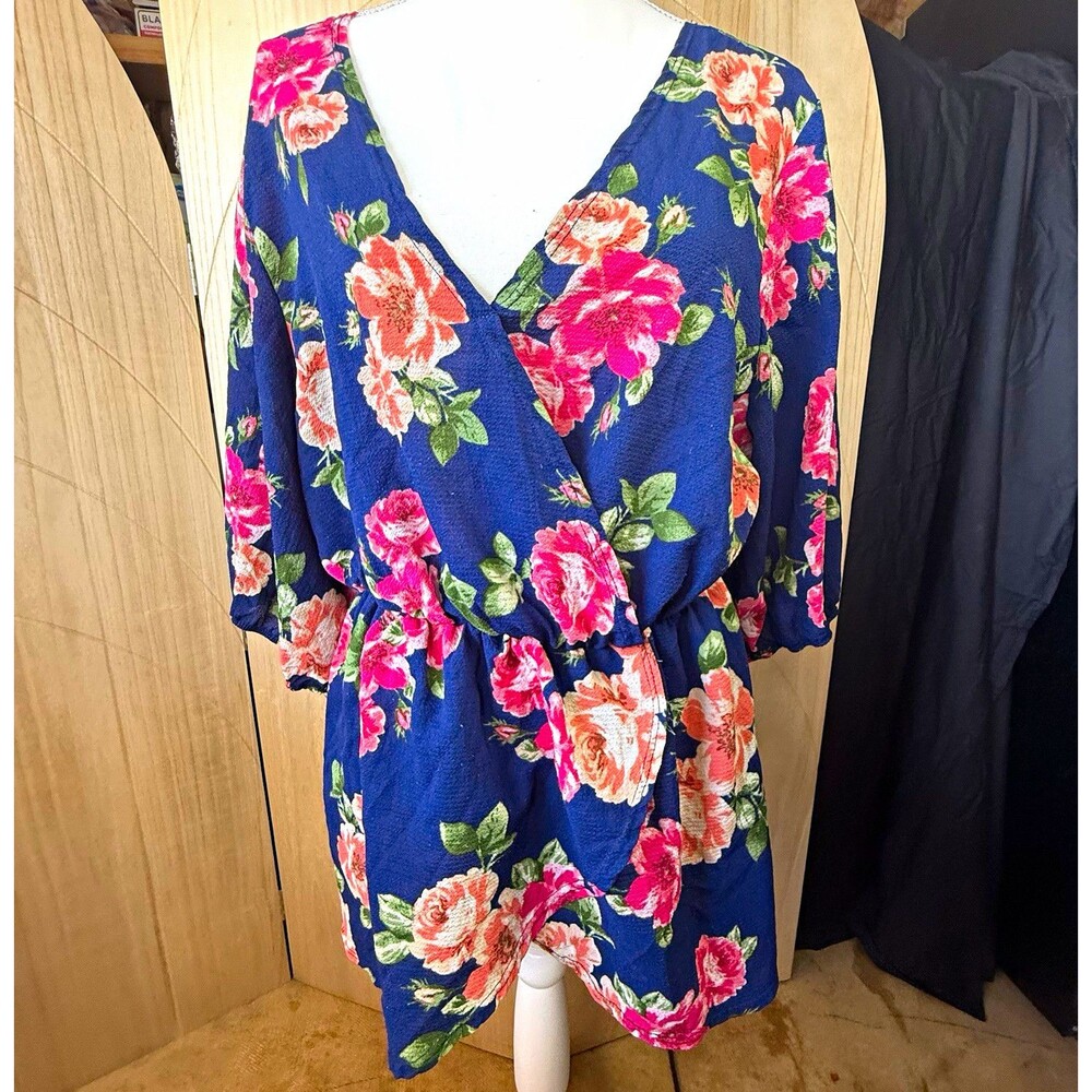 Cottagecore Floral Wrap Top Flutter Sleeve Peplum Blouse Coquette Navy Pink
